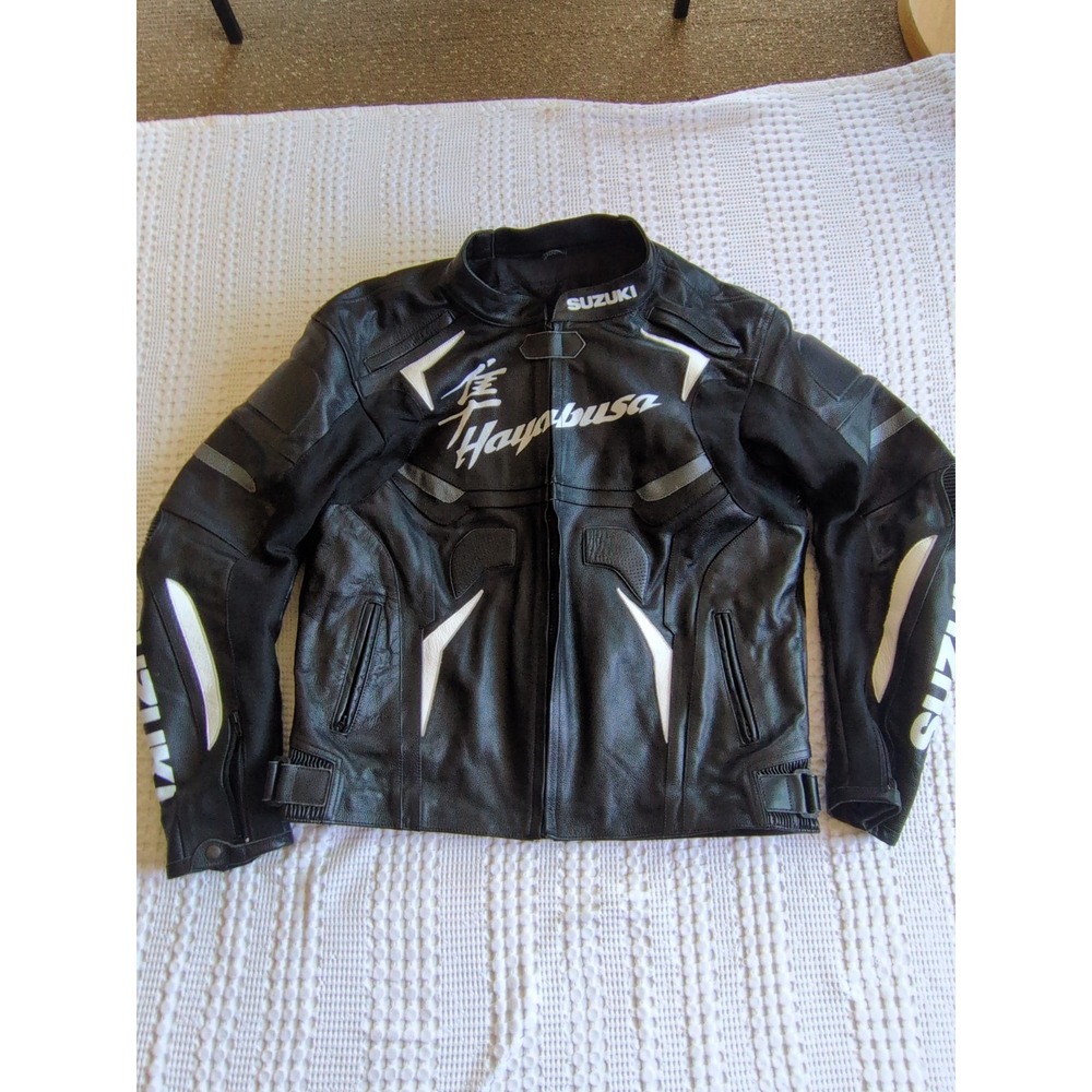 Suzuki Hayabusa Armored Leather Motorcycle Jacket Black White Full Zip XL XXL